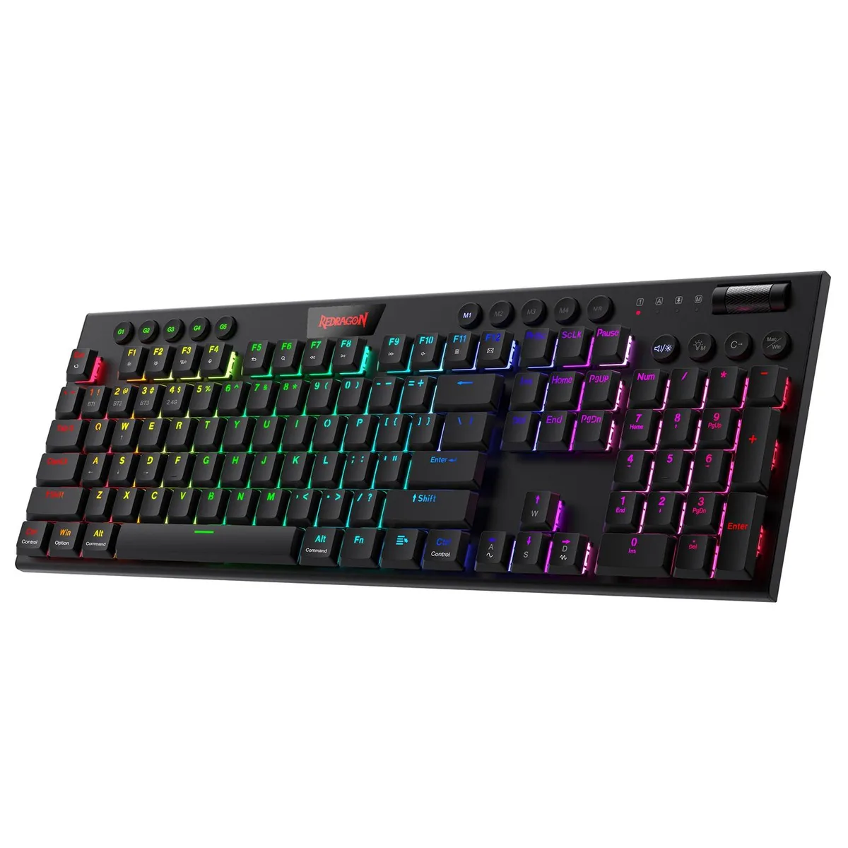 Redragon K618 Pro Horus ultra-thin black aluminium gaming keyboard with RGB backlighting and dedicated media controls