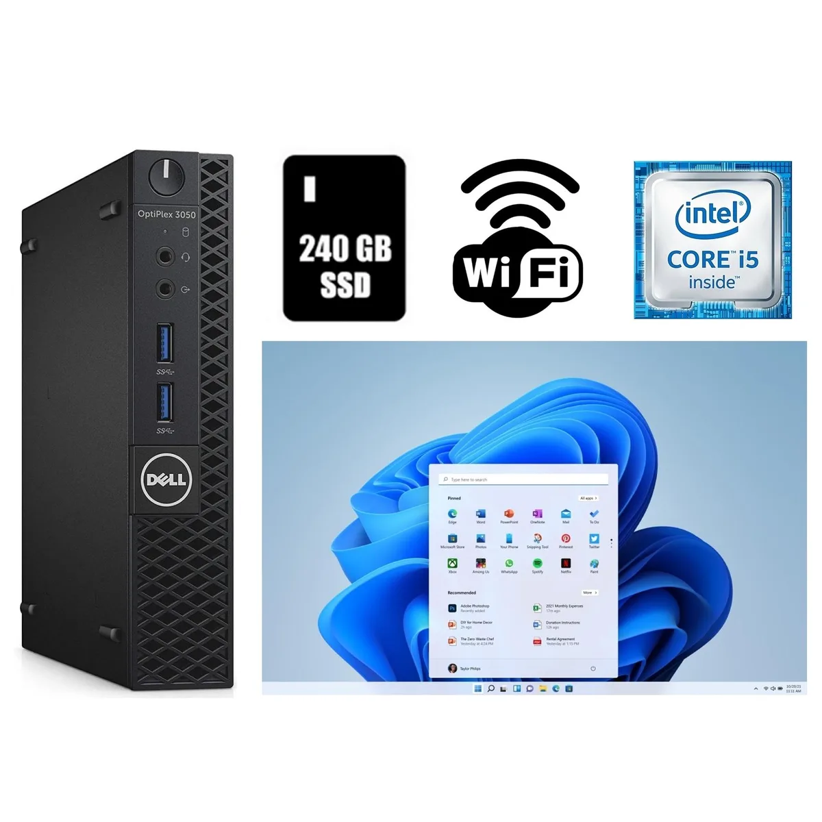Small black micro tower desktop with power adapter and USB Wi-Fi dongle