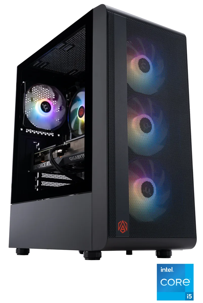 Black mid-tower gaming desktop with RGB-lit RAM and air cooler visible through side panel