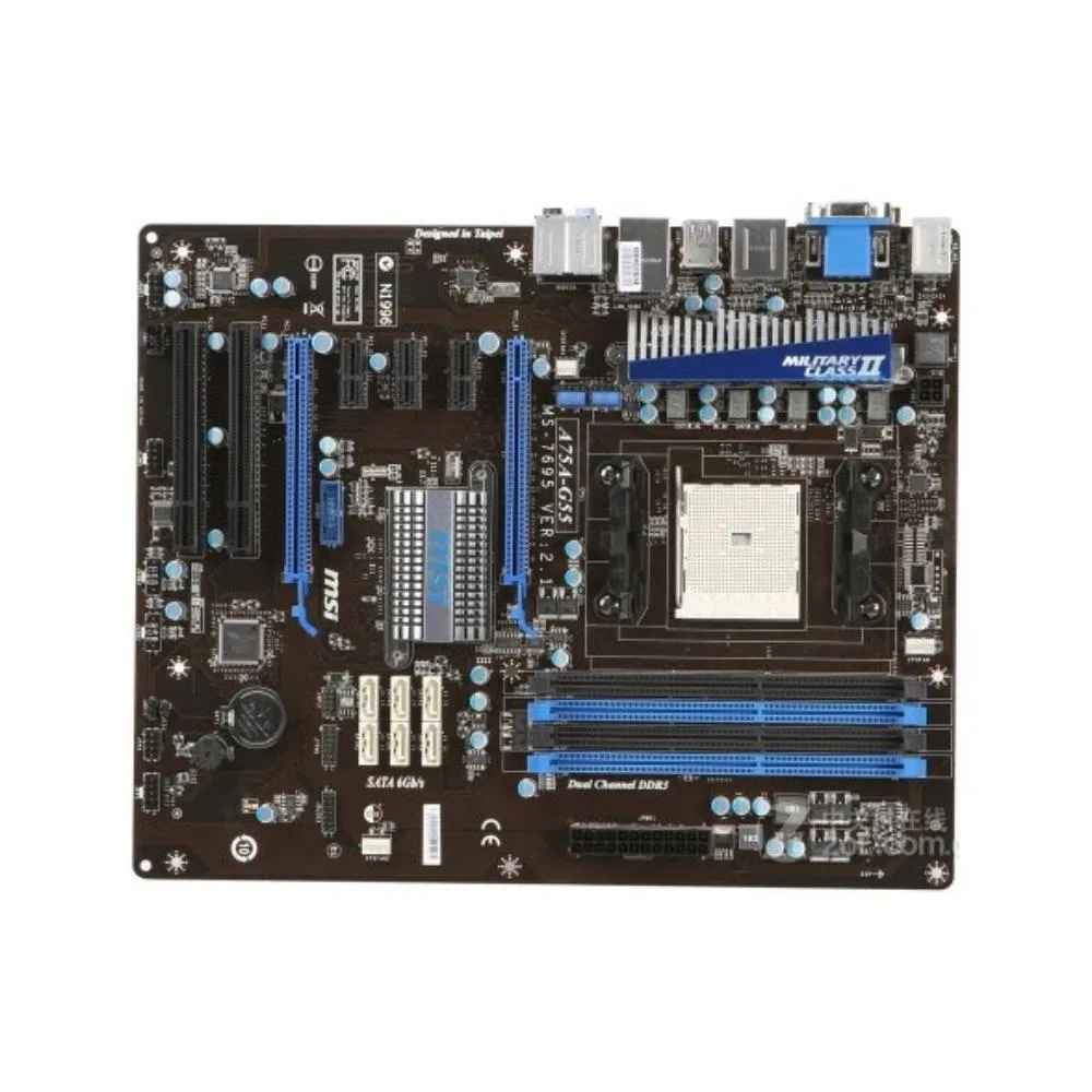 Rectangular ATX motherboard with black PCB, silver heatsinks, blue expansion slots and rear I/O panel