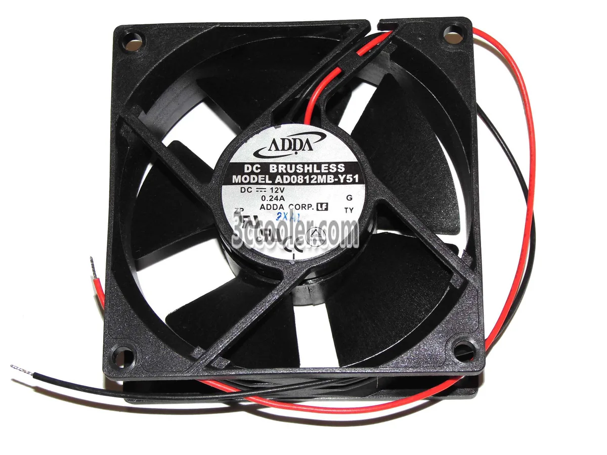 Black 80mm square ball-bearing fan, 32mm deep, two-wire 12V .24A