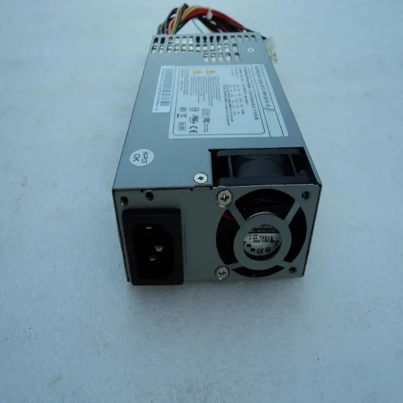 Rectangular ATX power supply unit in matte black finish with cooling fan and cable bundle