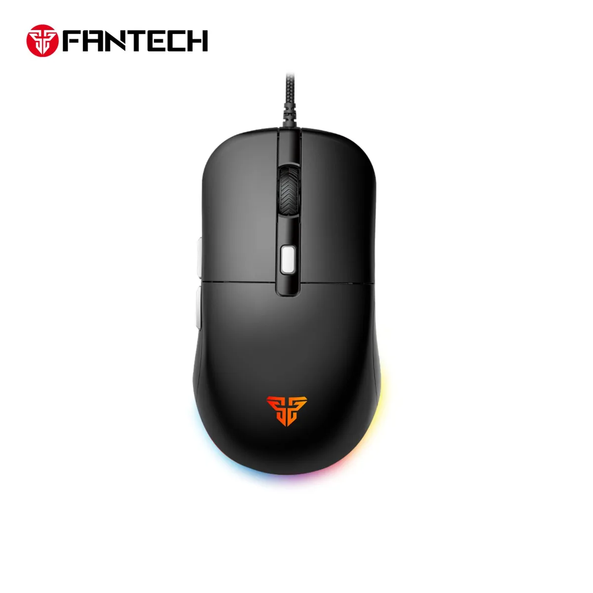 Black symmetrical wired gaming mouse with RGB lighting and textured finish