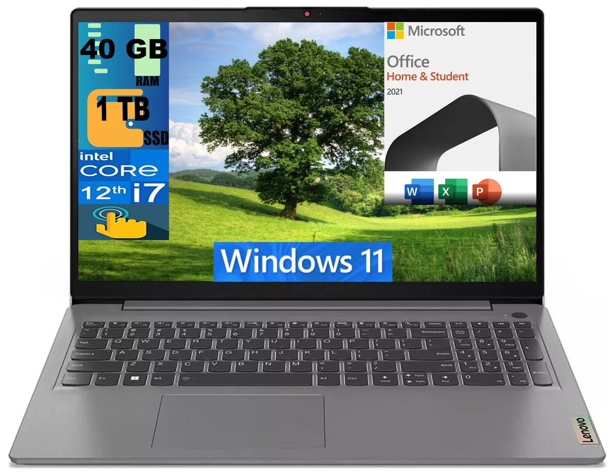 Gray 15.6-inch FHD touchscreen laptop with thin bezels and backlit keyboard