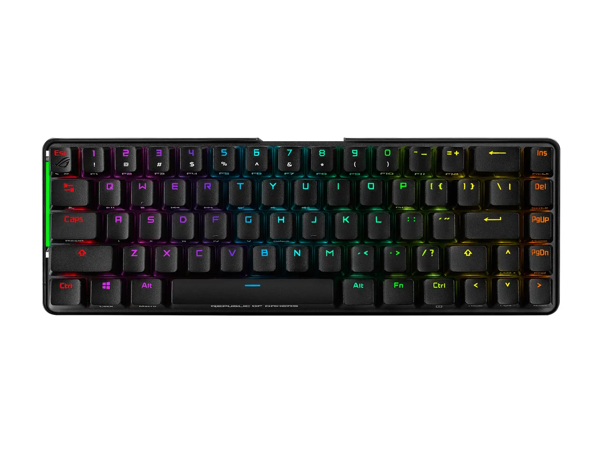 Black compact 65 percent mechanical keyboard with 68 keys and per key RGB lighting