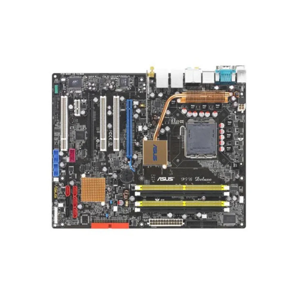ASUS P5B Deluxe ATX motherboard, LGA 775 socket, P965 chipset, DDR2, green PCB with silver heatsinks