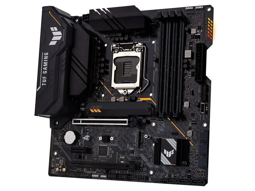 Micro-ATX motherboard dark PCB with silver heatsinks and rear I/O shield