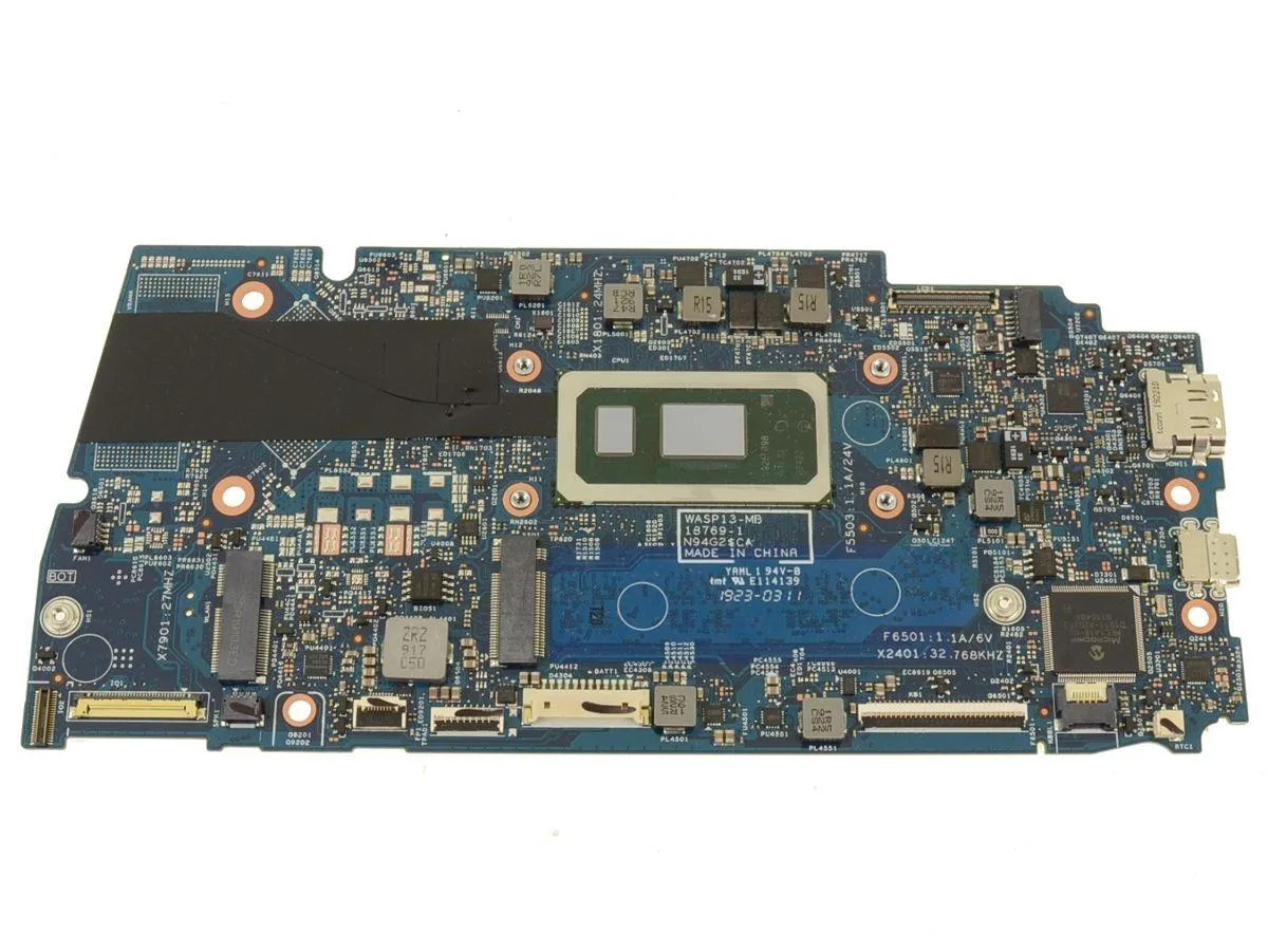 Green Dell laptop motherboard with silver processor and chips