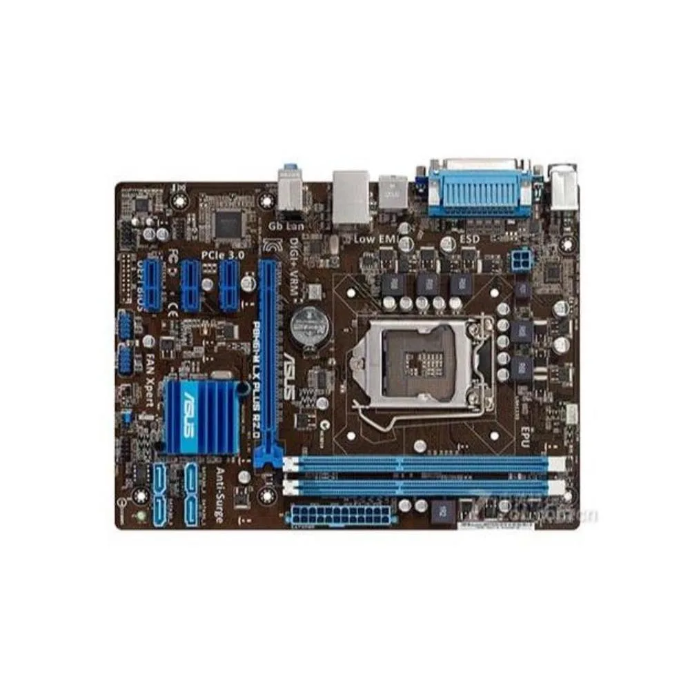 Micro ATX motherboard, dark PCB with blue slots, CPU socket and rear I/O shield
