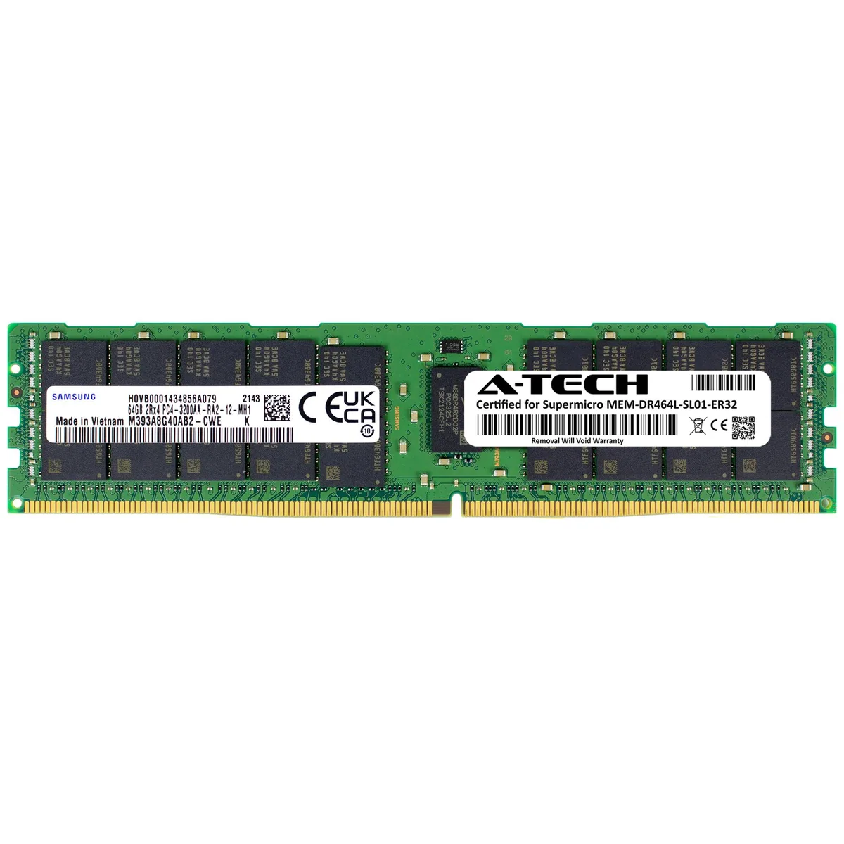 Green PCB memory module with gold edge connectors and black heat spreader label