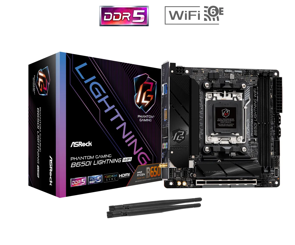 Mini-ITX motherboard, black PCB with silver heatsinks and gold PCIe contacts