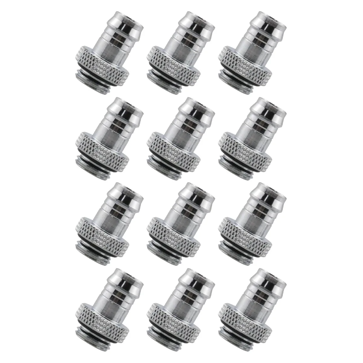 Twelve silver chrome brass G1/4 to 3/8 barb fittings with O-rings