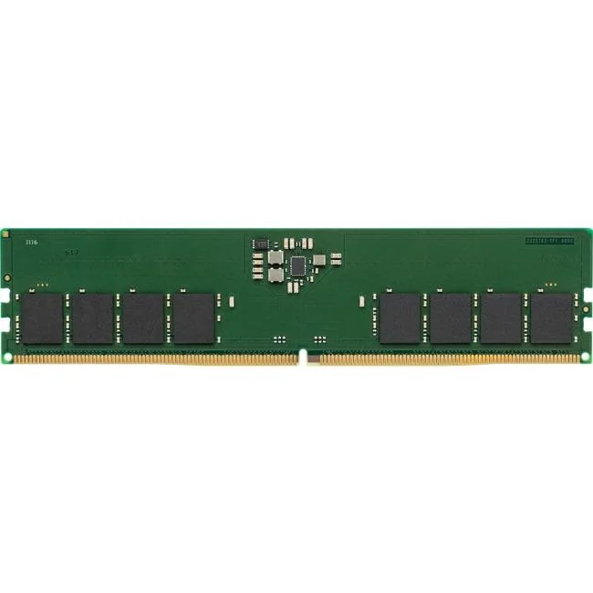 Green rectangular DDR5 memory stick with gold edge contacts and black chips on both sides
