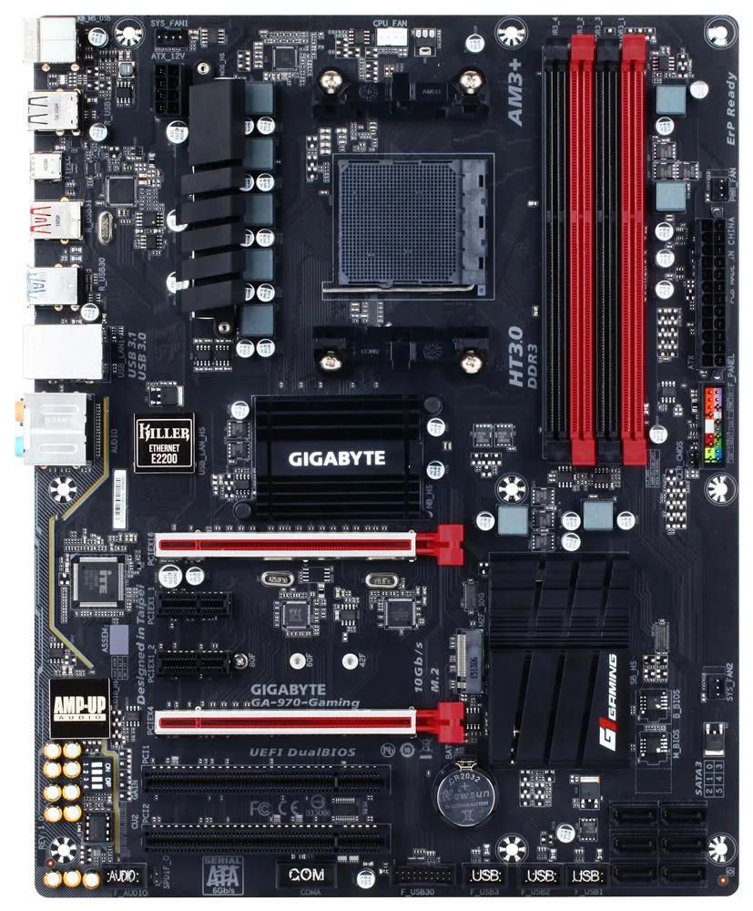 Black ATX motherboard with blue accents, silver CPU socket, four black RAM slots, multiple PCIe slots, six SATA ports