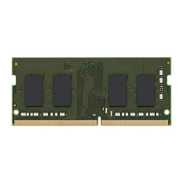 Green circuit board with black memory chips and gold edge connector