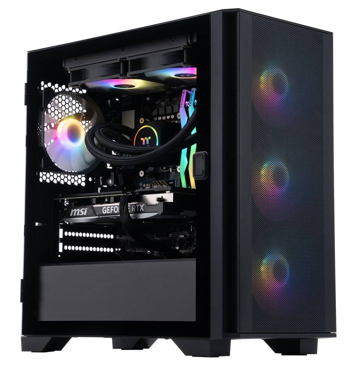 Refurbished black mATX tower with RGB liquid cooler and dual-fan graphics card