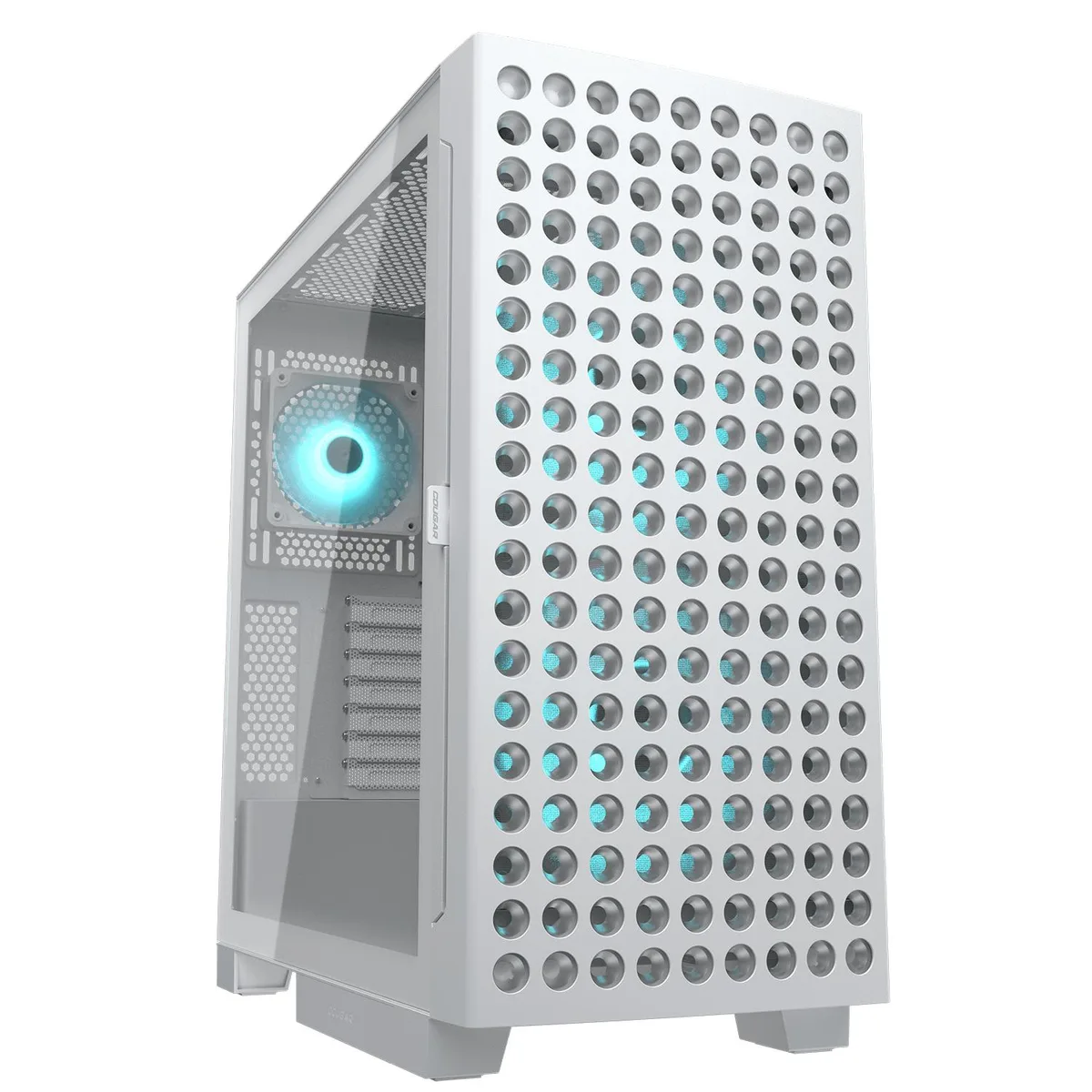 White mid-tower case with coned front vents and three pre-installed fans