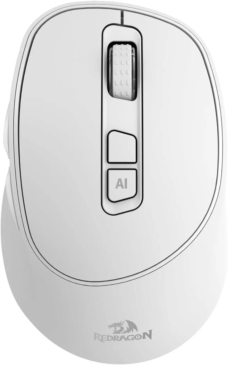 White ergonomic right-handed wireless mouse with side buttons and a mode-switch button on the underside