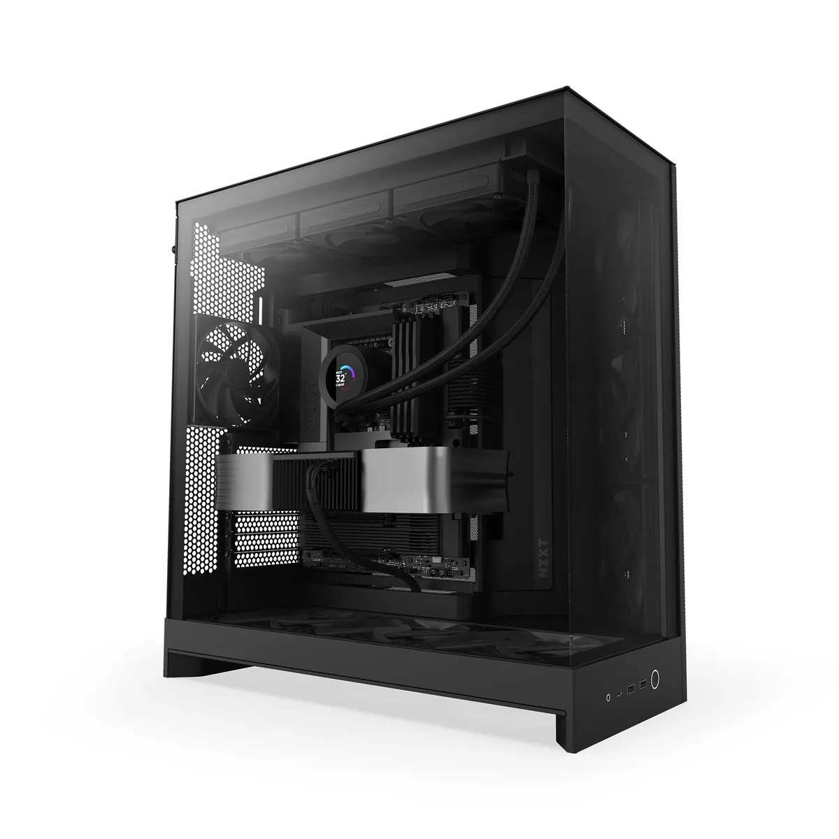 Black dual-chamber ATX mid-tower with wraparound tinted tempered glass panels and fine mesh vents