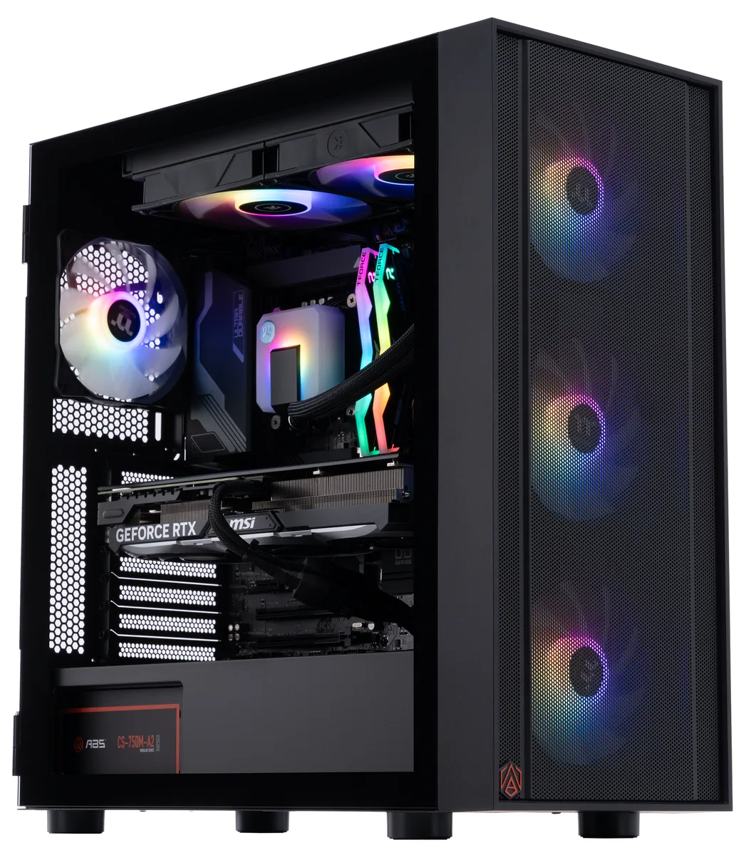 Black mid-tower gaming desktop with RGB memory and liquid cooling visible through side panel