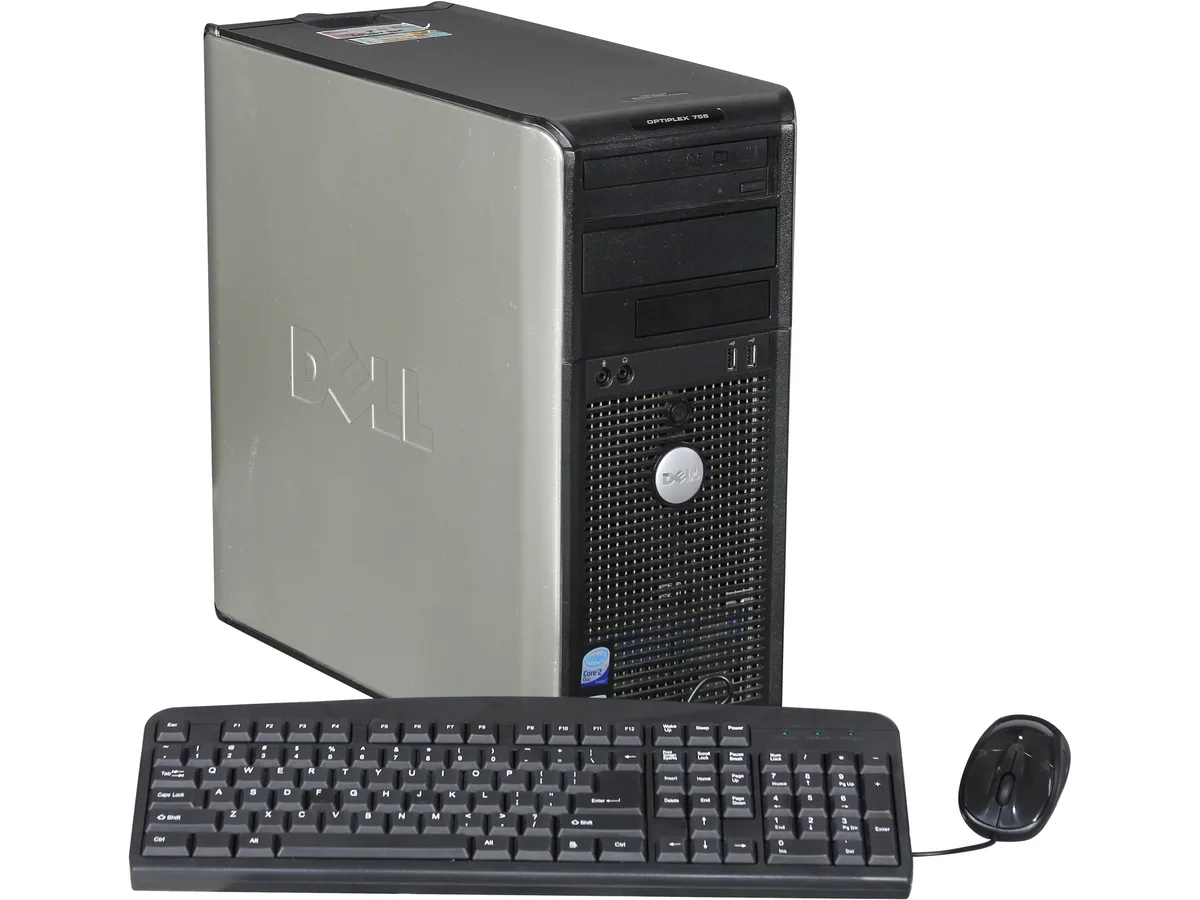 Black and silver tower desktop with DVD drive visible