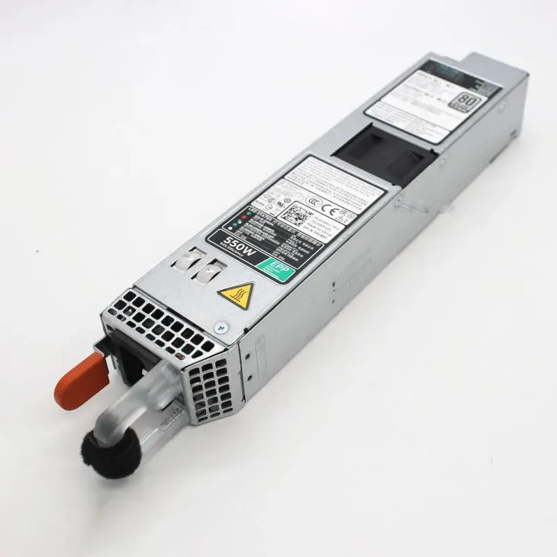 Rectangular metal ATX power supply unit with ventilation grille and label showing model numbers