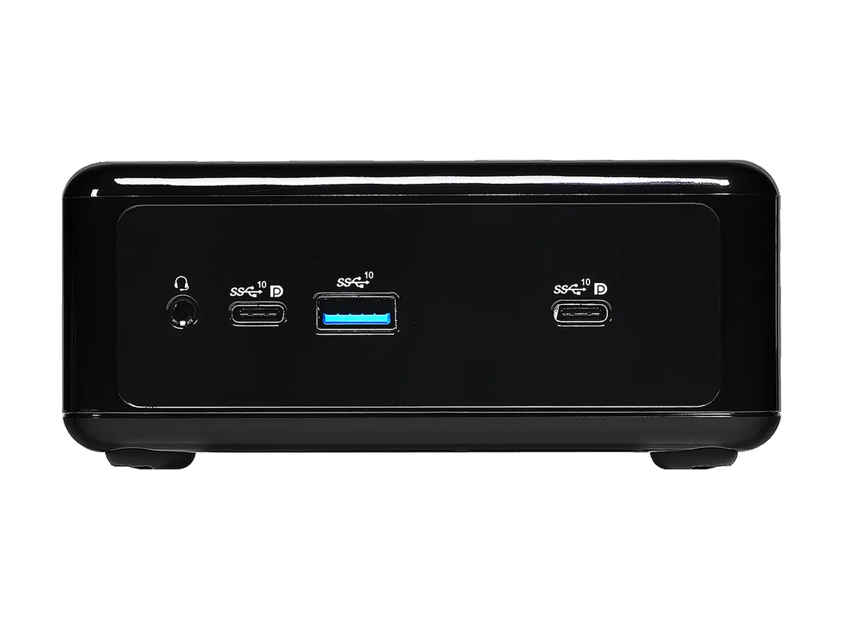 Small black square mini PC with front USB-C ports
