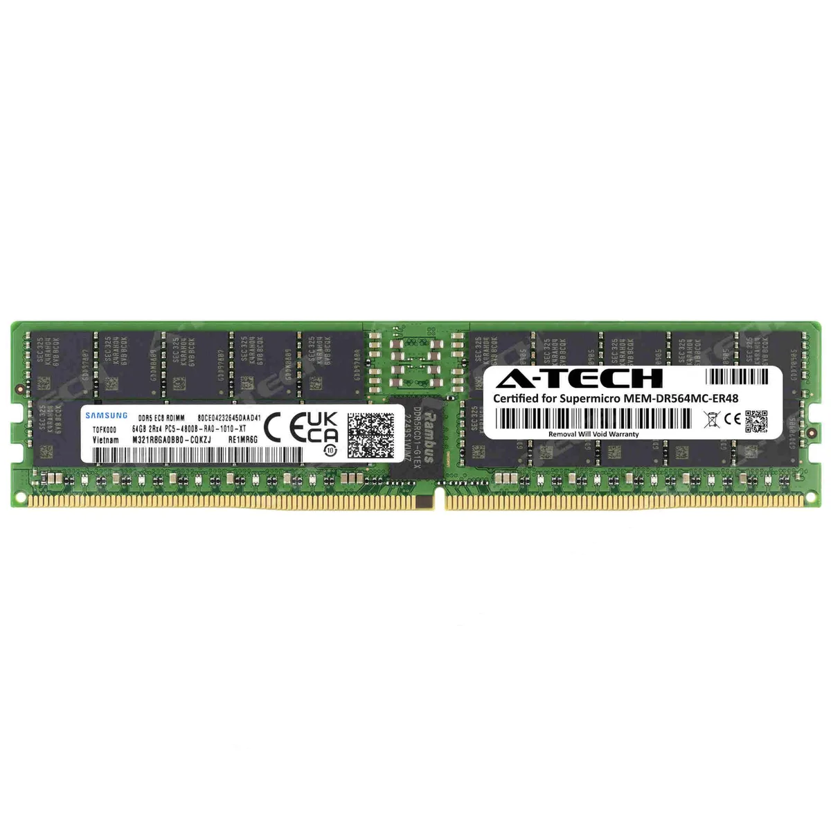 Green 288-pin DDR5 RDIMM module with black Samsung chips