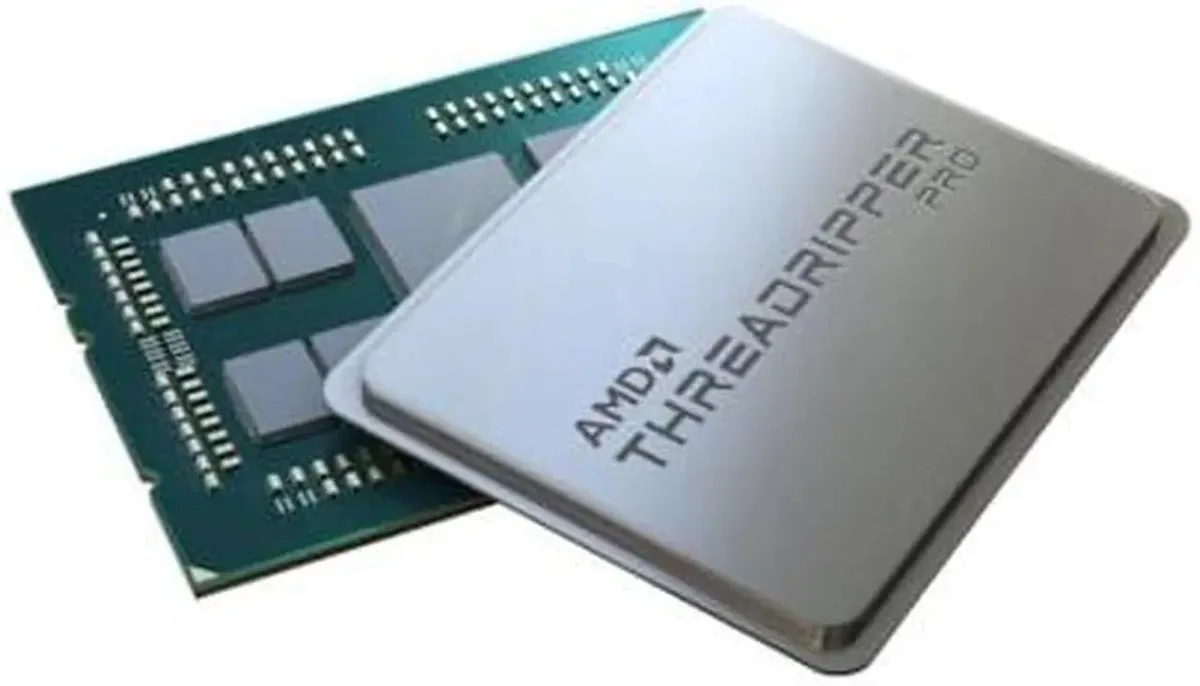 Silver rectangular CPU with gold contacts and green substrate visible in OEM tray