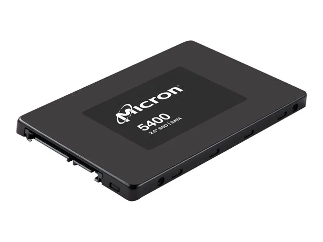Rectangular 2.5 inch SATA SSD with silver metal casing and label showing Micron 5400 Max 960GB