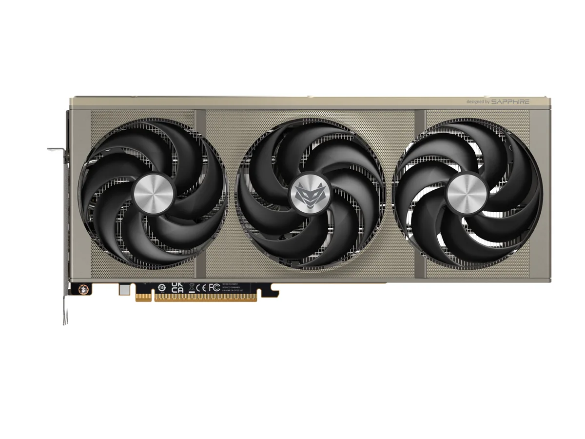 Sapphire Nitro+ Radeon RX 9070 XT graphics card with triple fans in dark grey finish