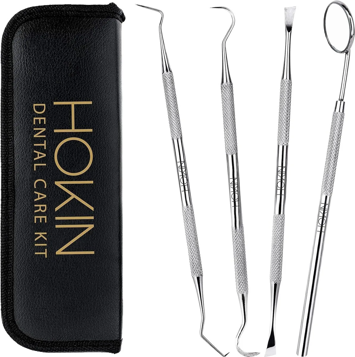  HOKIN 4Pcs Oral Care Kit Anti-Fog Mirror Probe Stain Remover Leather Pouch — 제품 사진
