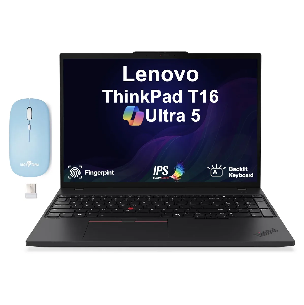 Black Lenovo ThinkPad T16 laptop closed showing matte finish and subtle branding