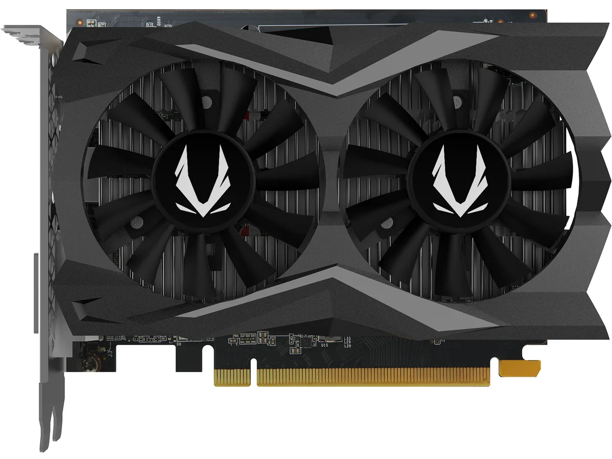 Black dual-fan graphics card with compact 6.2-inch form factor
