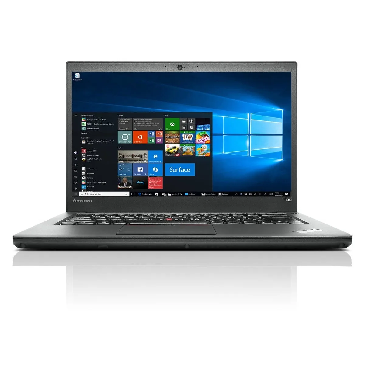 Black Lenovo T440S laptop, 14.0 inch non-touch screen, closed lid with webcam visible