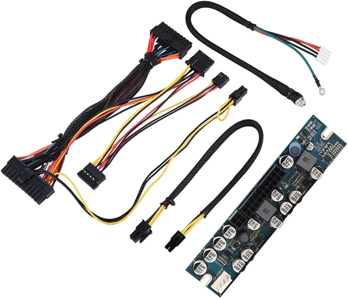 Compact silver circuit board with 24-pin ATX and SATA cables, 154 by 35 mm