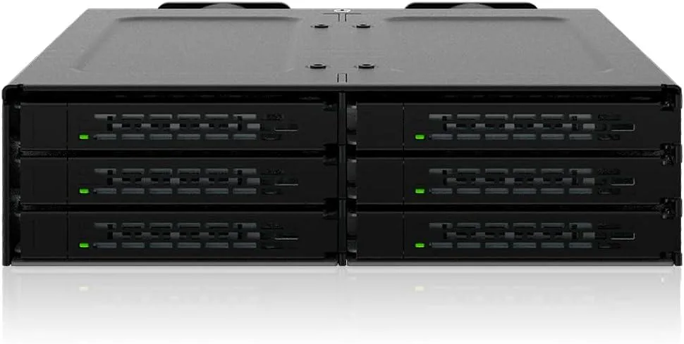 Silver metal enclosure with six front drive trays and two cooling fans