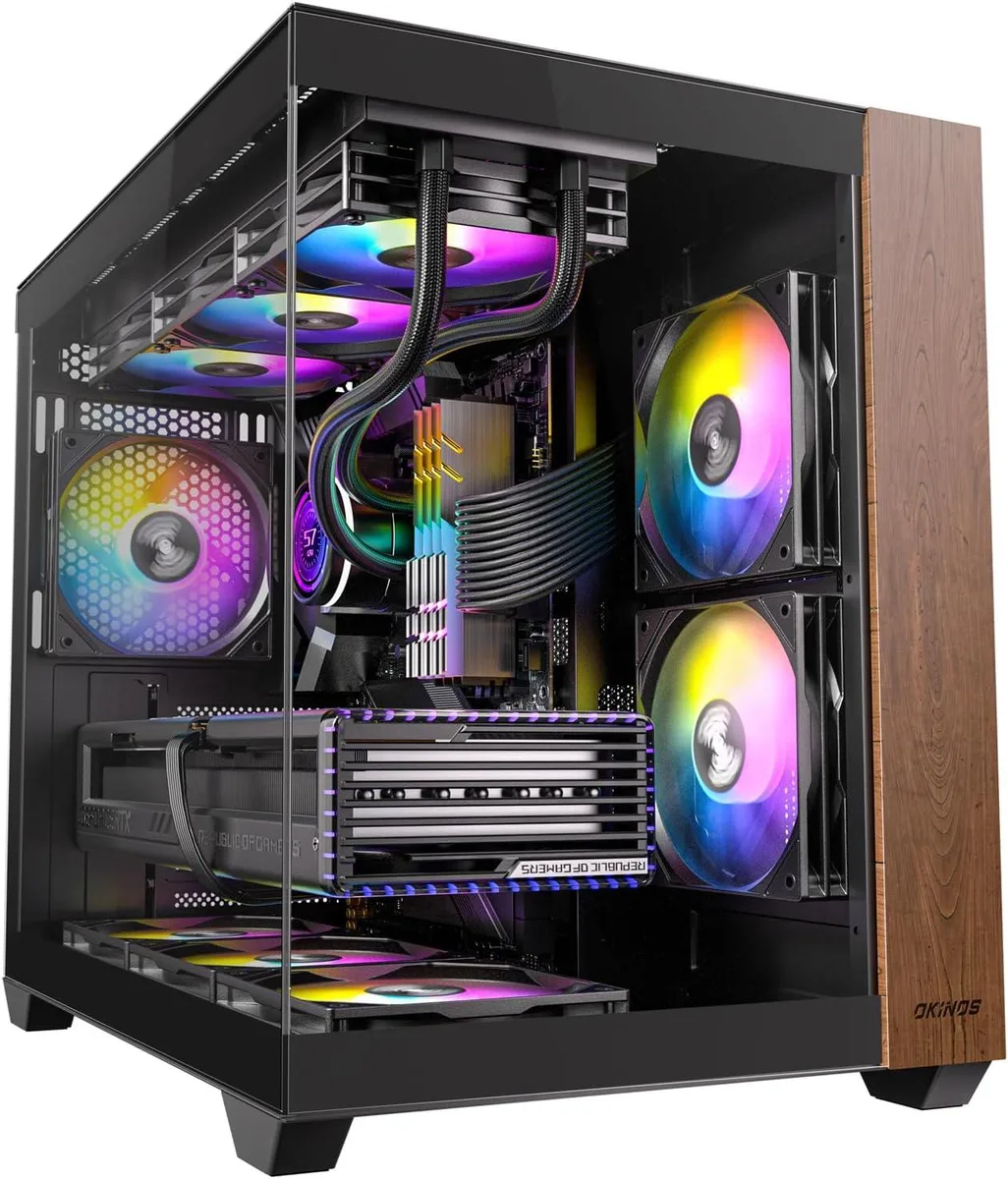 MidnightOak tower with 360mm ARGB liquid cooler and RTX 4070 graphics card