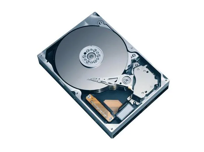 Silver 3.5 inch bare hard drive with circuit board visible
