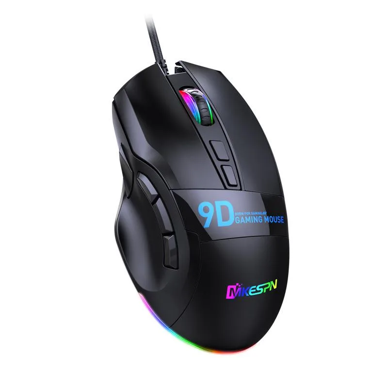 Black ergonomic gaming mouse with USB cable, RGB lighting, nine programmable buttons and contoured ABS shell