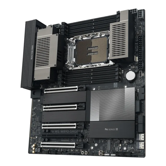 ASUS Pro WS W890-SAGE CEB workstation motherboard, dark PCB with silver heatsinks