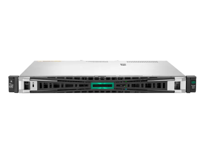 Silver 1U rack server with four front drive bays and dual power supplies