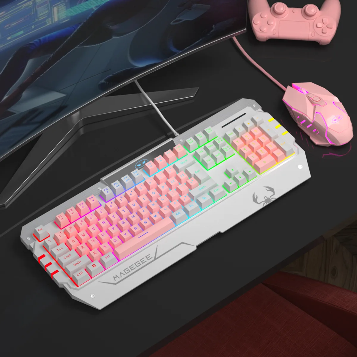 Pink USB gaming keyboard with integrated wrist rest, foldable stands, rainbow LED backlight, and matching breathing-light mouse