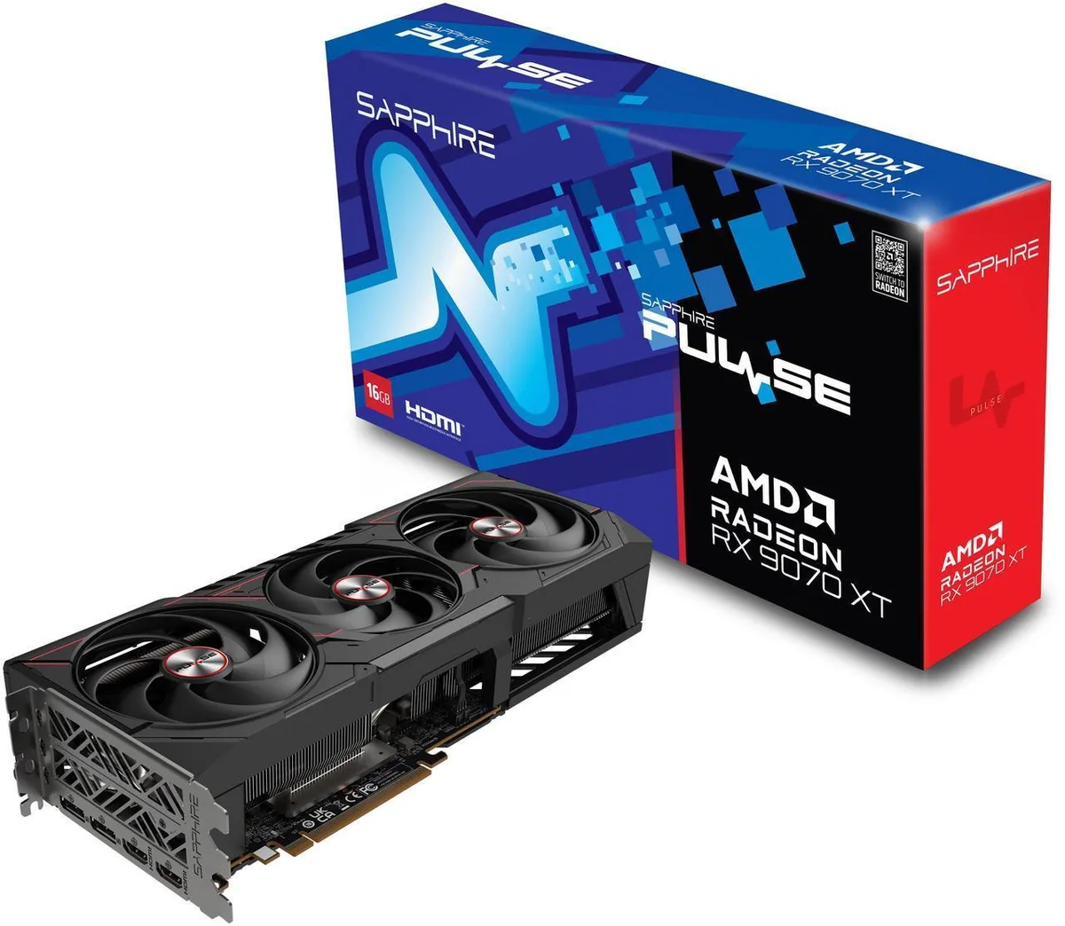 Sapphire Pulse Radeon RX 9070 XT triple-fan graphics card in dark grey and black