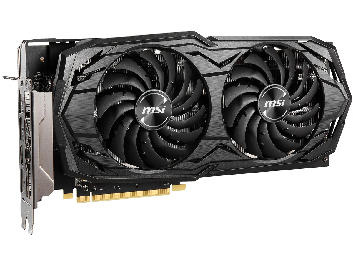 Black dual-fan graphics card with silver backplate and PCIe bracket