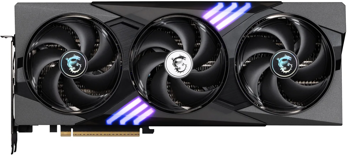 Black triple-fan graphics card with angular shroud and metal backplate