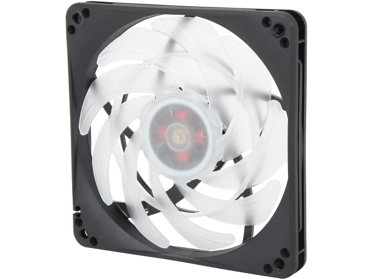 Square 120 mm case fan with white blades and black frame, 15 mm thick, addressable RGB lighting visible