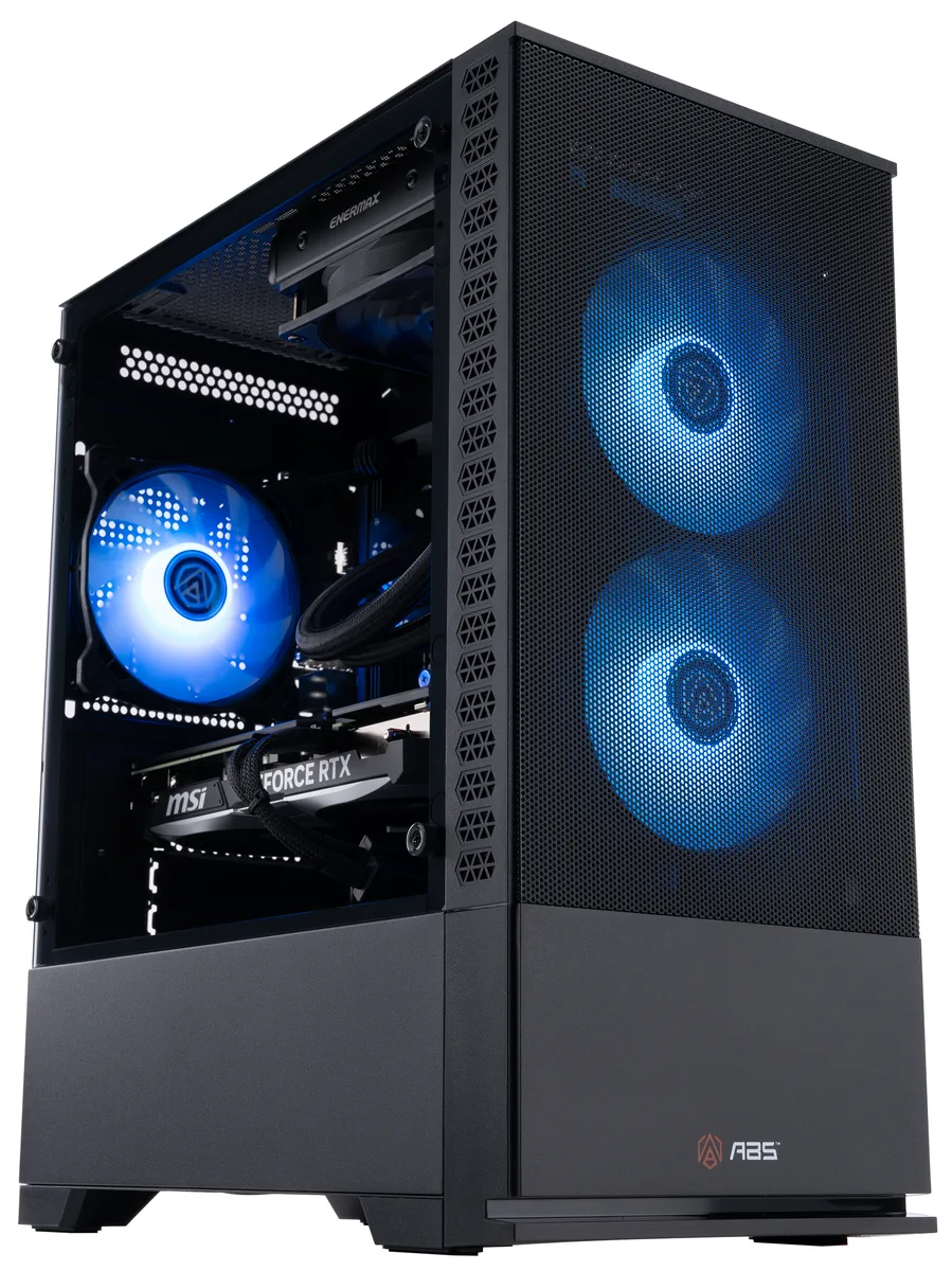 Black tower desktop PC with RGB liquid cooler visible through glass side panel