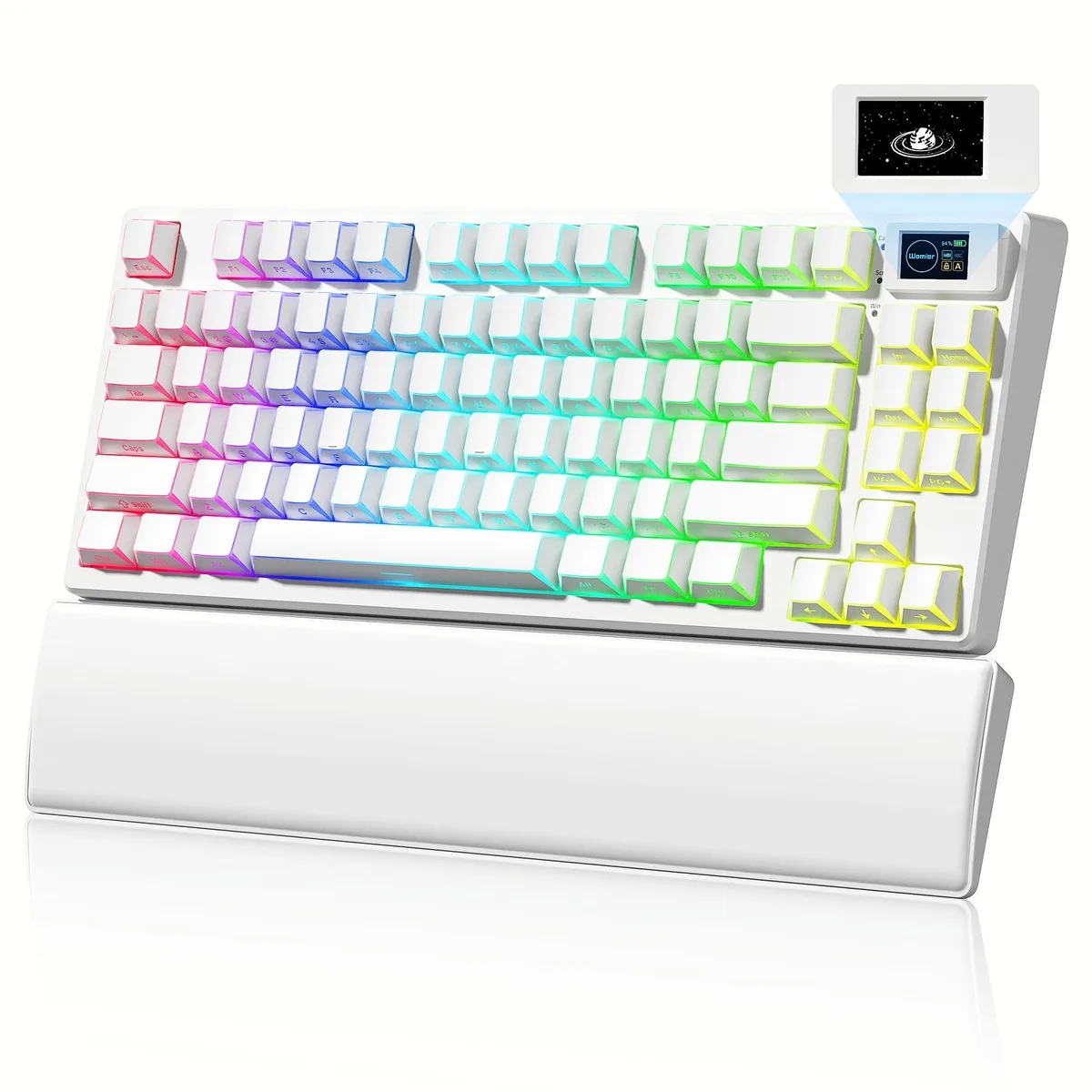 Black 75% wireless mechanical keyboard with shine-through keycaps, colour multimedia screen and leather wrist rest