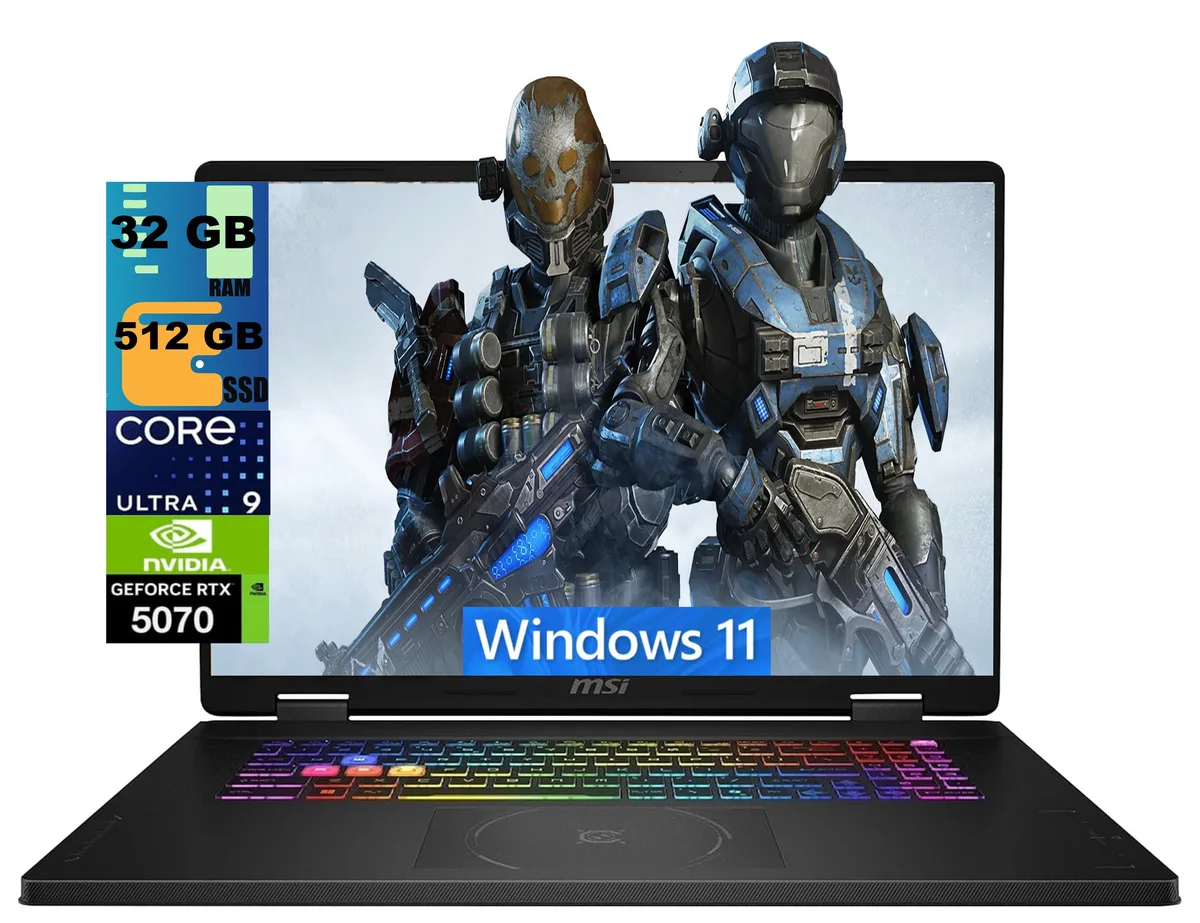 Black 18 inch gaming laptop with QHD+ display and RGB backlit keyboard